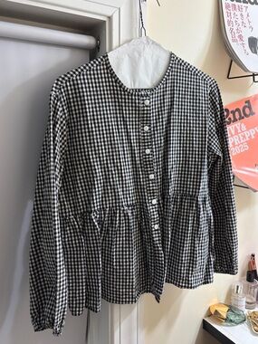 OLIVE Black & White Gingham Button-Front Peplum Top